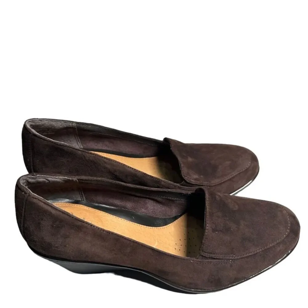 Clark's Elegant Brown Suede Wedge‎ Loafers Comfortable Slip-On Shoes